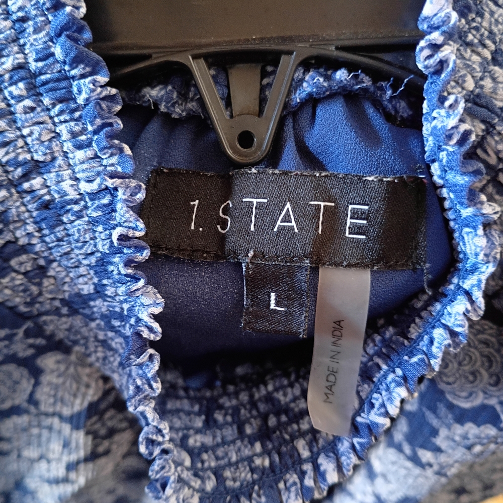 EUC 1. STATE Blue Floral High Neck Sleeveless Ruffle Smocked‎ Dress Size L - Picture 7 of 7